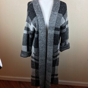 Cyrus Plush Plaid Open Front Cardigan Shacket Sweater Coat Pockets Longline SZ L